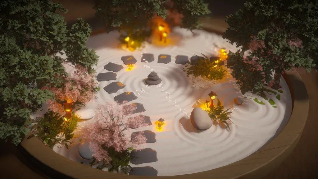 A garden created in Dream Garden, sand and rock with tress and shrubs