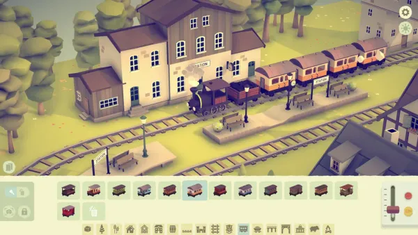 Islands & Trains UI showing a train at a station with train placement UI showing at the bottom